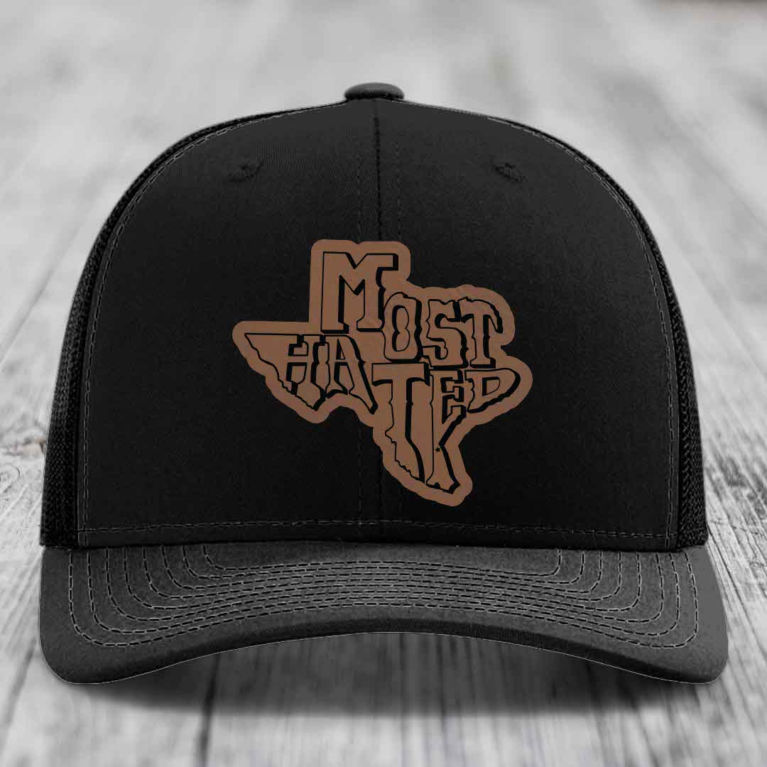 Most Hated (Texas) - Leather Patch Hat - Dark Brown to Black Patch - Richardson 112 Snapback Trucker Hat