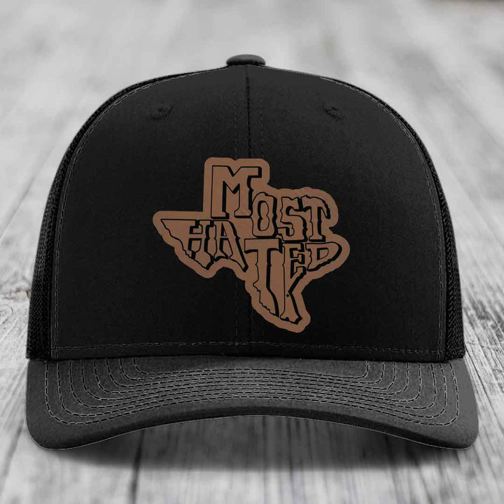 Most Hated (Texas) - Leather Patch Hat - Dark Brown to Black Patch - Richardson 112 Snapback Trucker Hat