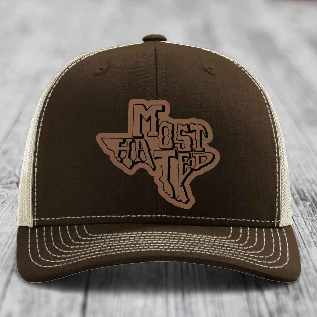 Most Hated (Texas) - Leather Patch Hat - Dark Brown to Black Patch - Richardson 112 Snapback Trucker Hat