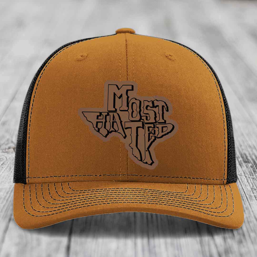Most Hated (Texas) - Leather Patch Hat - Dark Brown to Black Patch - Richardson 112 Snapback Trucker Hat