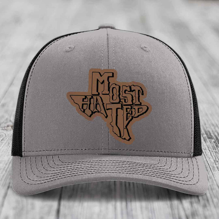 Most Hated (Texas) - Leather Patch Hat - Dark Brown to Black Patch - Richardson 112 Snapback Trucker Hat