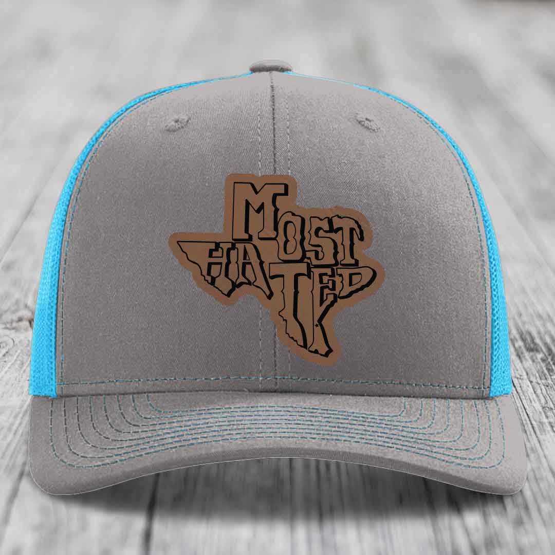 Most Hated (Texas) - Leather Patch Hat - Dark Brown to Black Patch - Richardson 112 Snapback Trucker Hat