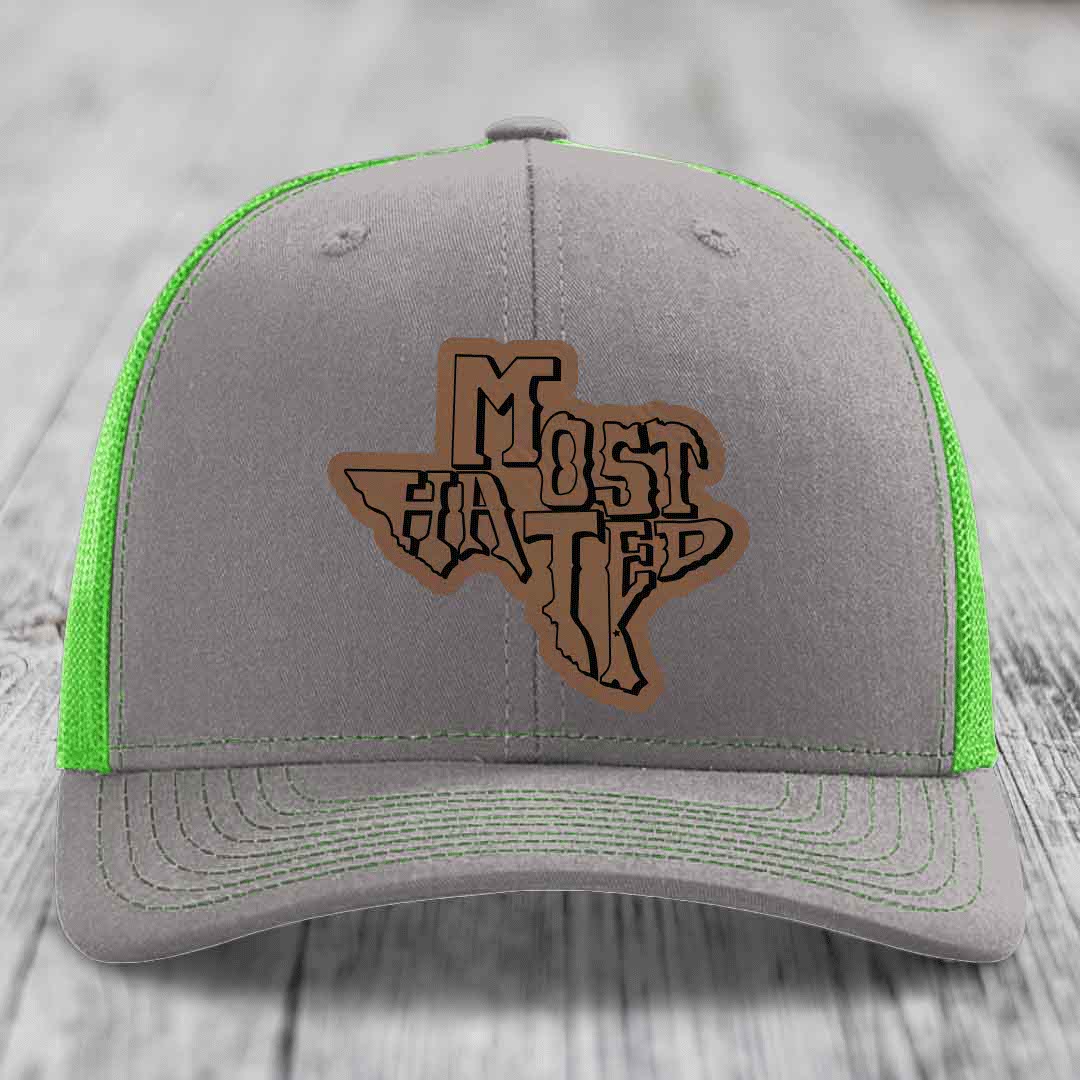 Most Hated (Texas) - Leather Patch Hat - Dark Brown to Black Patch - Richardson 112 Snapback Trucker Hat
