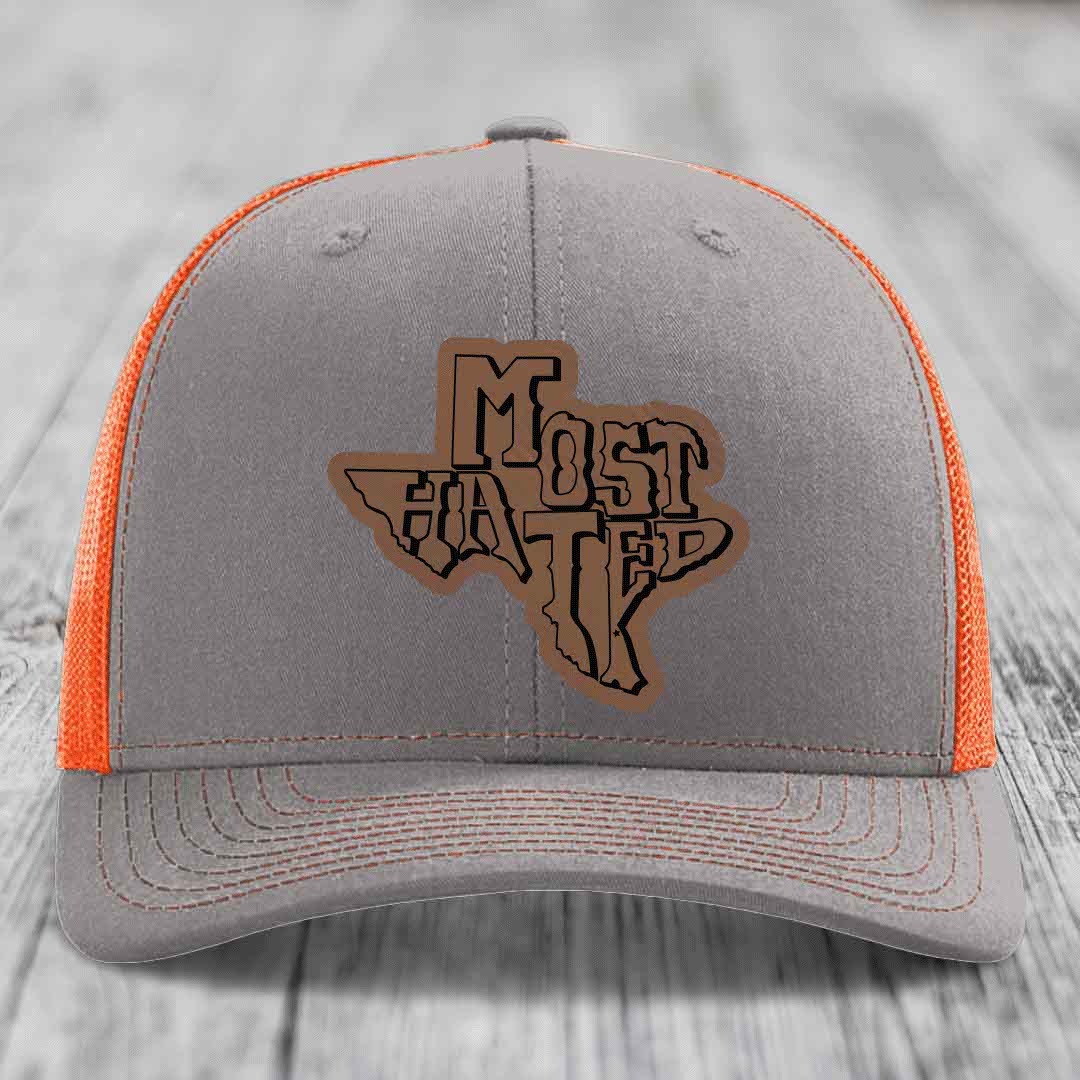 Most Hated (Texas) - Leather Patch Hat - Dark Brown to Black Patch - Richardson 112 Snapback Trucker Hat