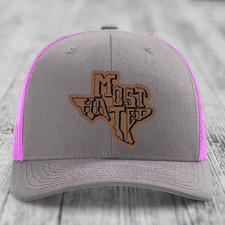 Most Hated (Texas) - Leather Patch Hat - Dark Brown to Black Patch - Richardson 112 Snapback Trucker Hat