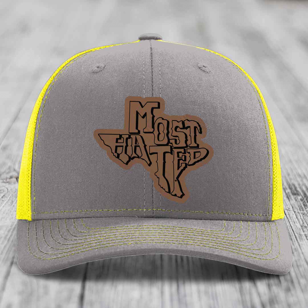 Most Hated (Texas) - Leather Patch Hat - Dark Brown to Black Patch - Richardson 112 Snapback Trucker Hat