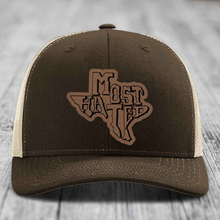 Most Hated (Texas) - Leather Patch Hat - Dark Brown to Black Patch - Richardson 112 Snapback Trucker Hat