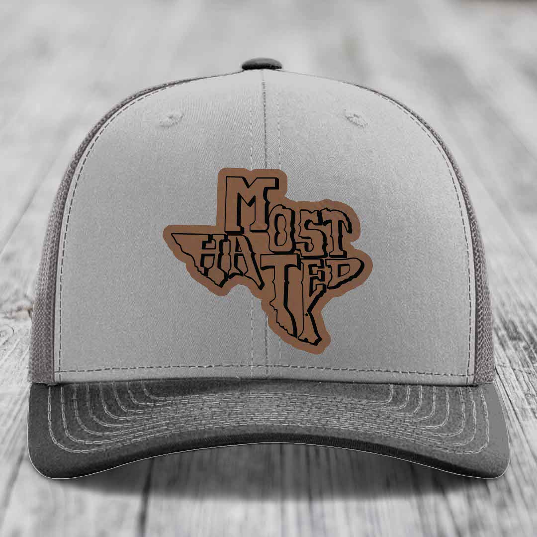 Most Hated (Texas) - Leather Patch Hat - Dark Brown to Black Patch - Richardson 112 Snapback Trucker Hat