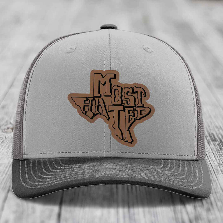 Most Hated (Texas) - Leather Patch Hat - Dark Brown to Black Patch - Richardson 112 Snapback Trucker Hat