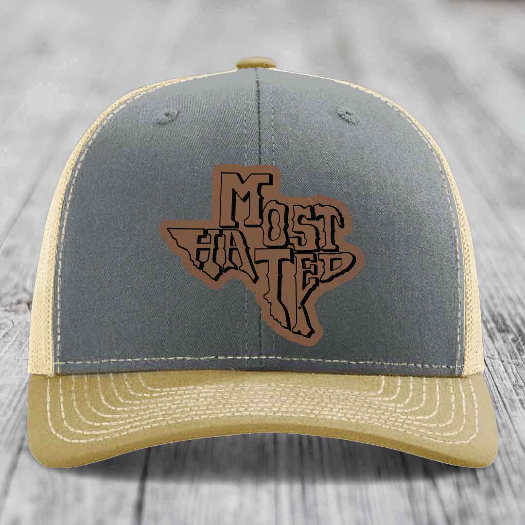 Most Hated (Texas) - Leather Patch Hat - Dark Brown to Black Patch - Richardson 112 Snapback Trucker Hat