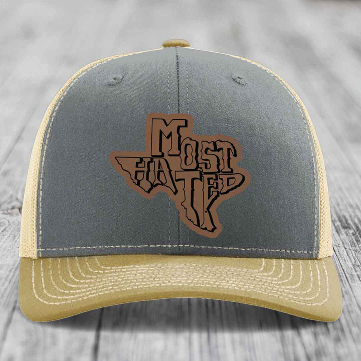 Most Hated (Texas) - Leather Patch Hat - Dark Brown to Black Patch - Richardson 112 Snapback Trucker Hat