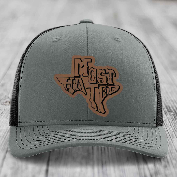Most Hated (Texas) - Leather Patch Hat - Dark Brown to Black Patch - Richardson 112 Snapback Trucker Hat