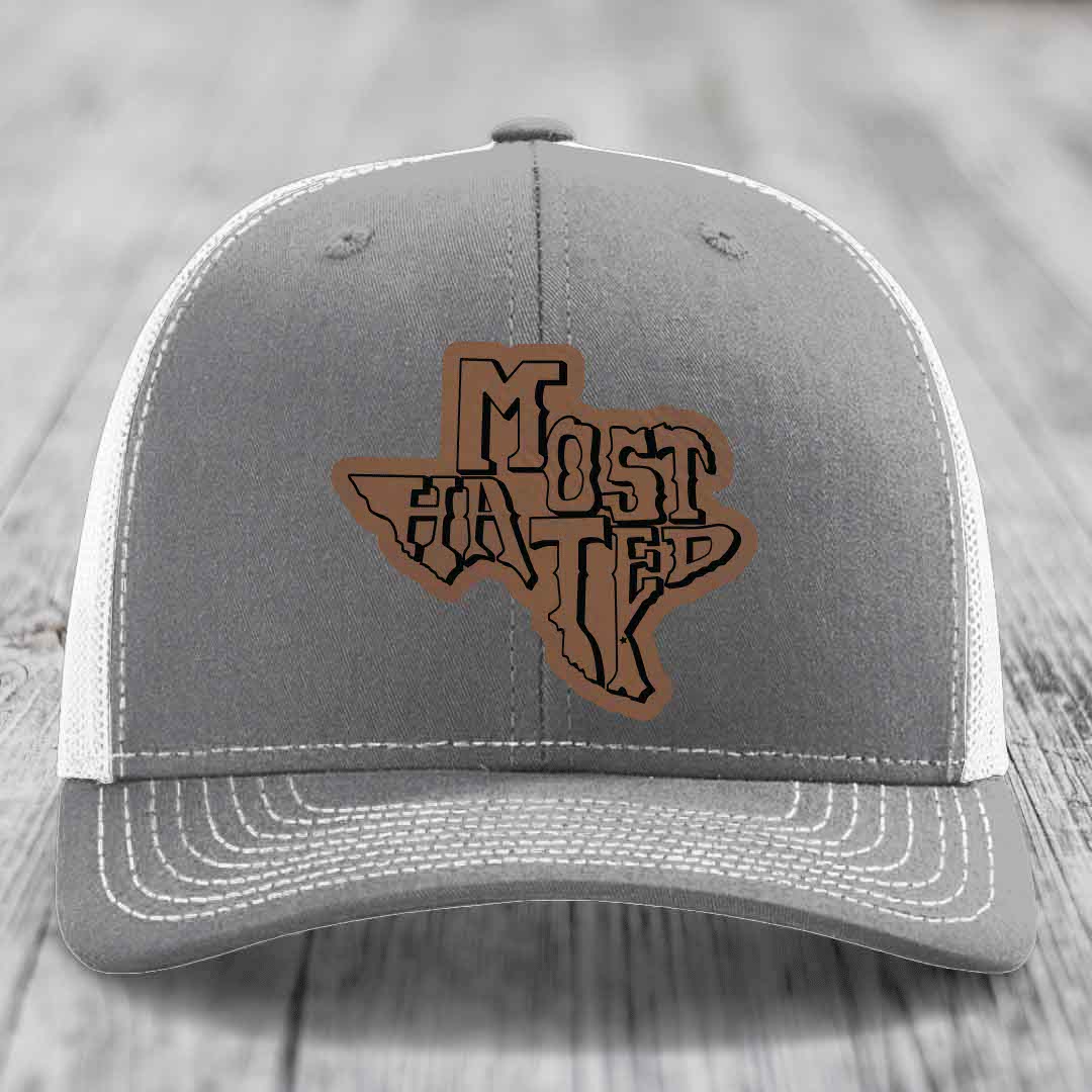 Most Hated (Texas) - Leather Patch Hat - Dark Brown to Black Patch - Richardson 112 Snapback Trucker Hat