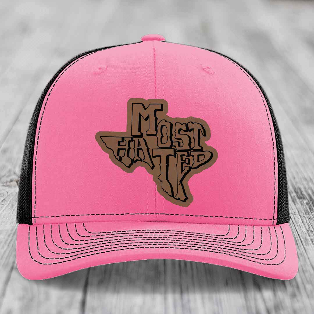 Most Hated (Texas) - Leather Patch Hat - Dark Brown to Black Patch - Richardson 112 Snapback Trucker Hat