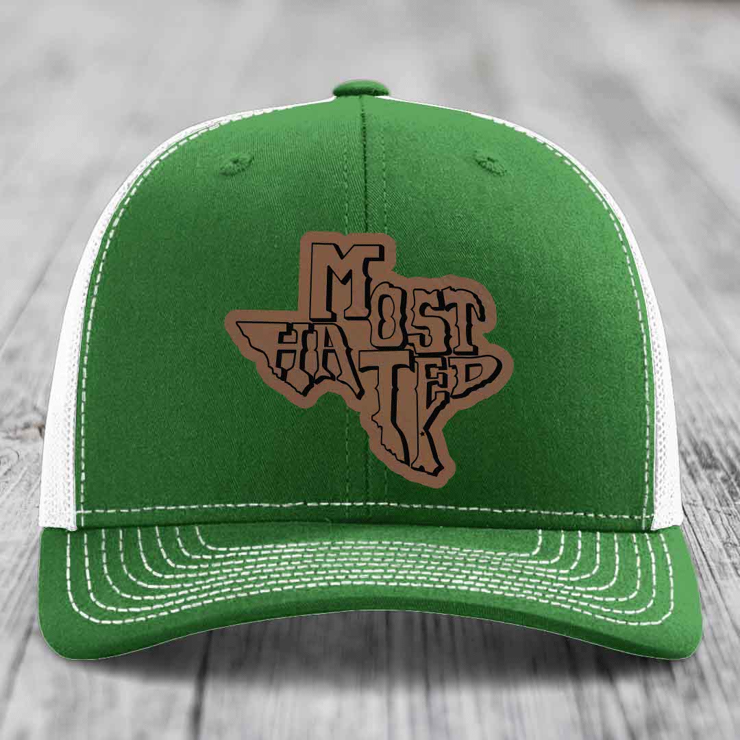 Most Hated (Texas) - Leather Patch Hat - Dark Brown to Black Patch - Richardson 112 Snapback Trucker Hat