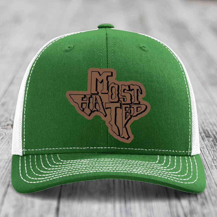 Most Hated (Texas) - Leather Patch Hat - Dark Brown to Black Patch - Richardson 112 Snapback Trucker Hat