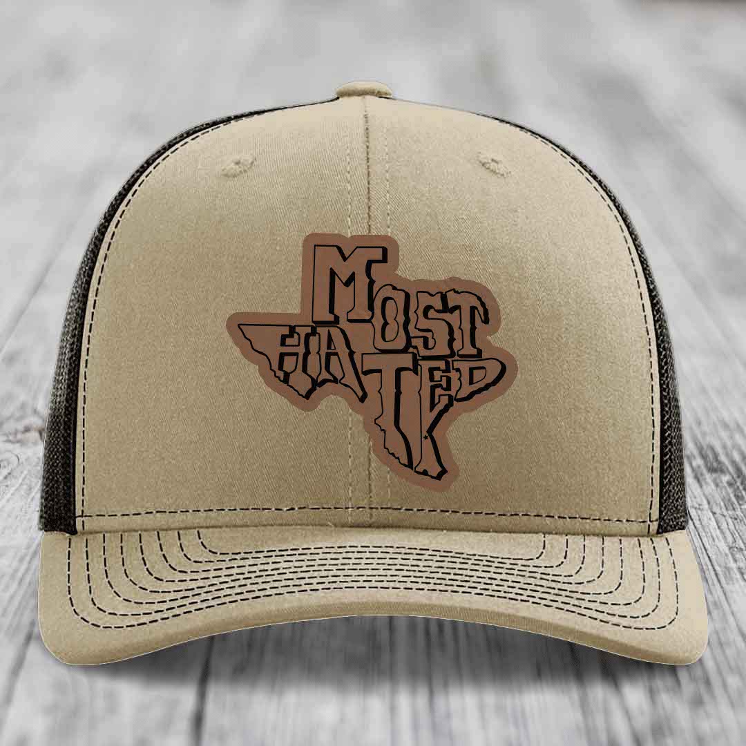 Most Hated (Texas) - Leather Patch Hat - Dark Brown to Black Patch - Richardson 112 Snapback Trucker Hat