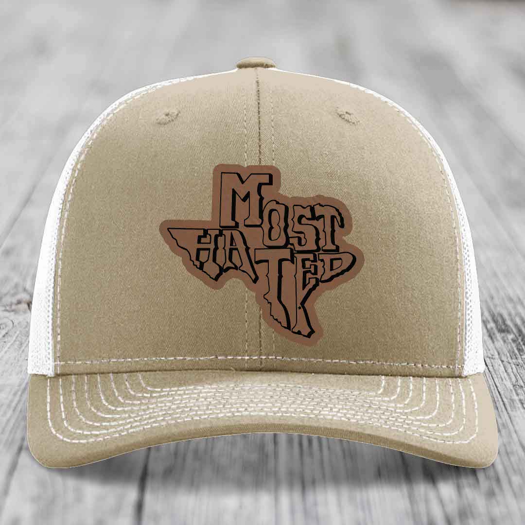 Most Hated (Texas) - Leather Patch Hat - Dark Brown to Black Patch - Richardson 112 Snapback Trucker Hat