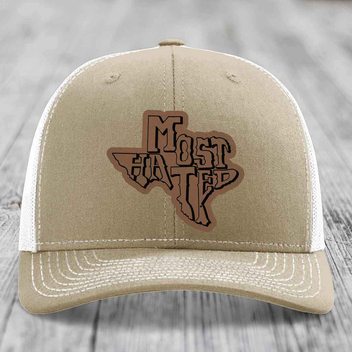Most Hated (Texas) - Leather Patch Hat - Dark Brown to Black Patch - Richardson 112 Snapback Trucker Hat