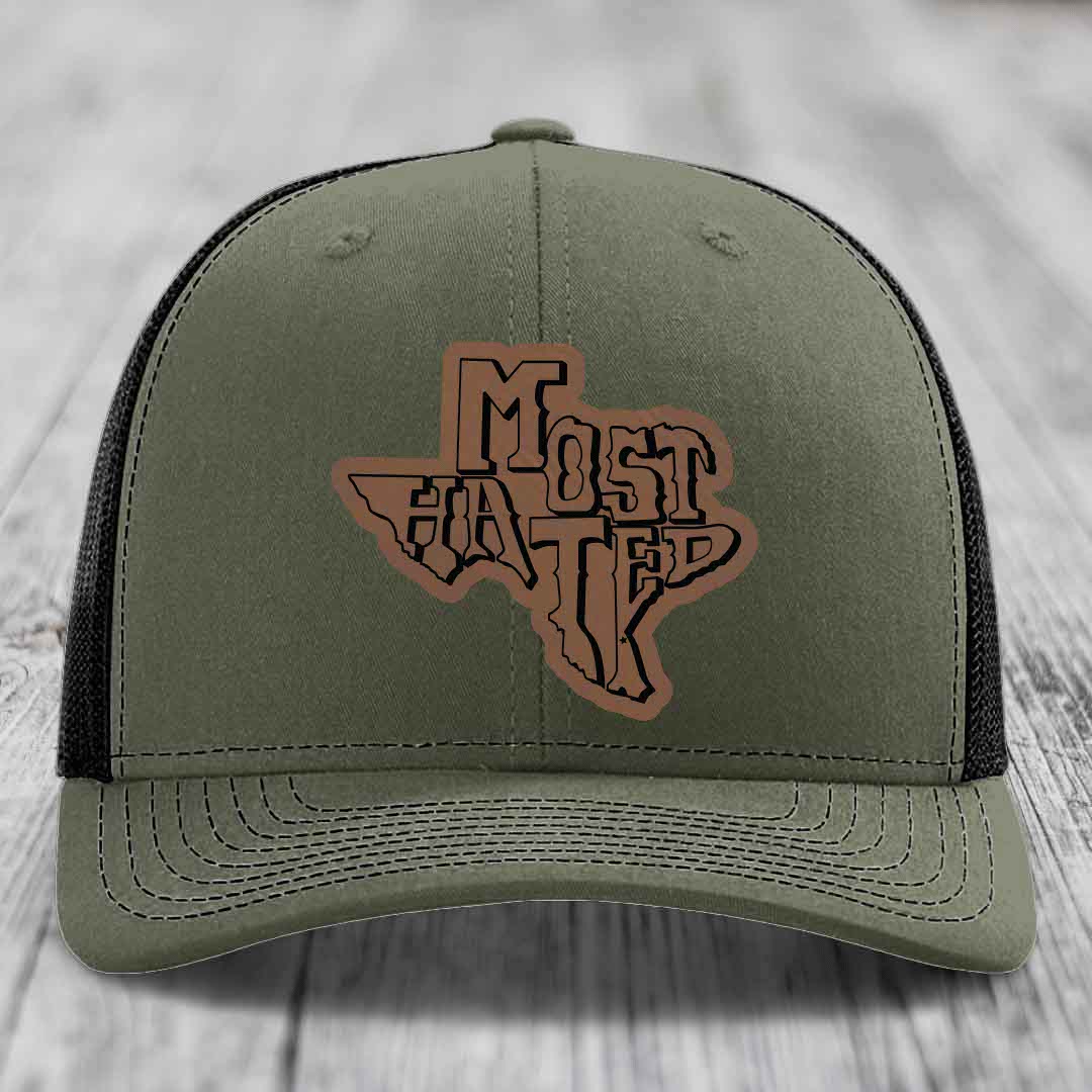 Most Hated (Texas) - Leather Patch Hat - Dark Brown to Black Patch - Richardson 112 Snapback Trucker Hat