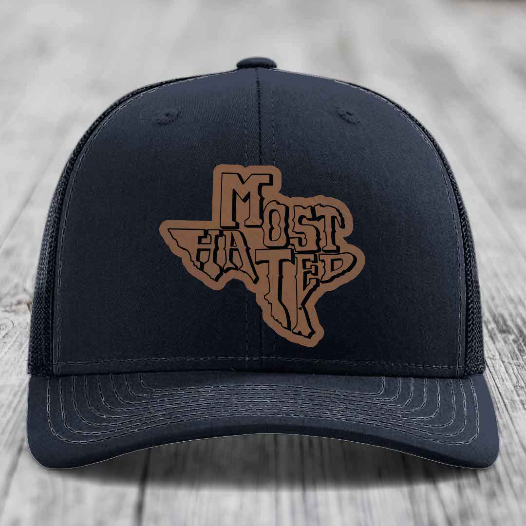 Most Hated (Texas) - Leather Patch Hat - Dark Brown to Black Patch - Richardson 112 Snapback Trucker Hat