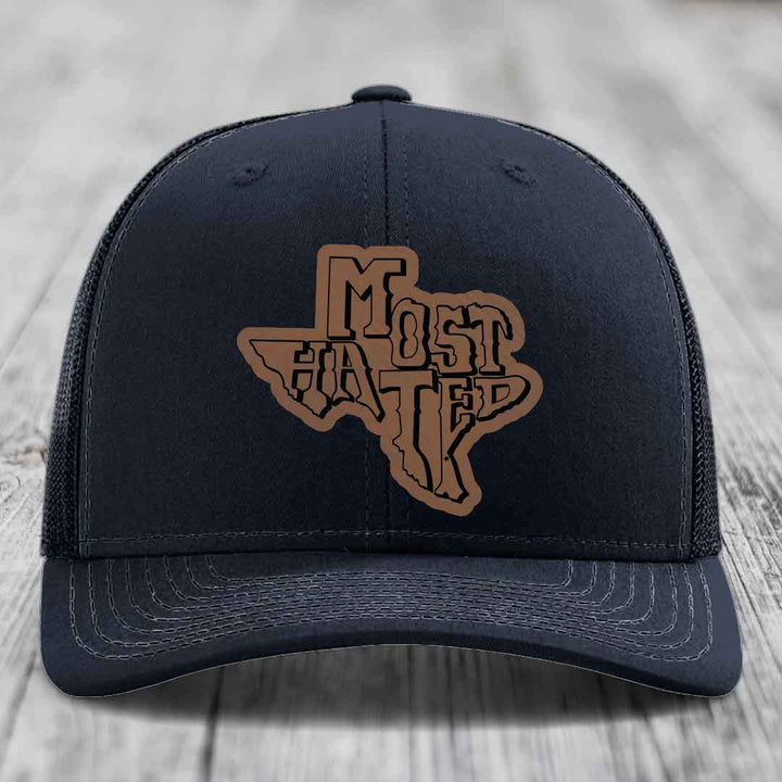 Most Hated (Texas) - Leather Patch Hat - Dark Brown to Black Patch - Richardson 112 Snapback Trucker Hat