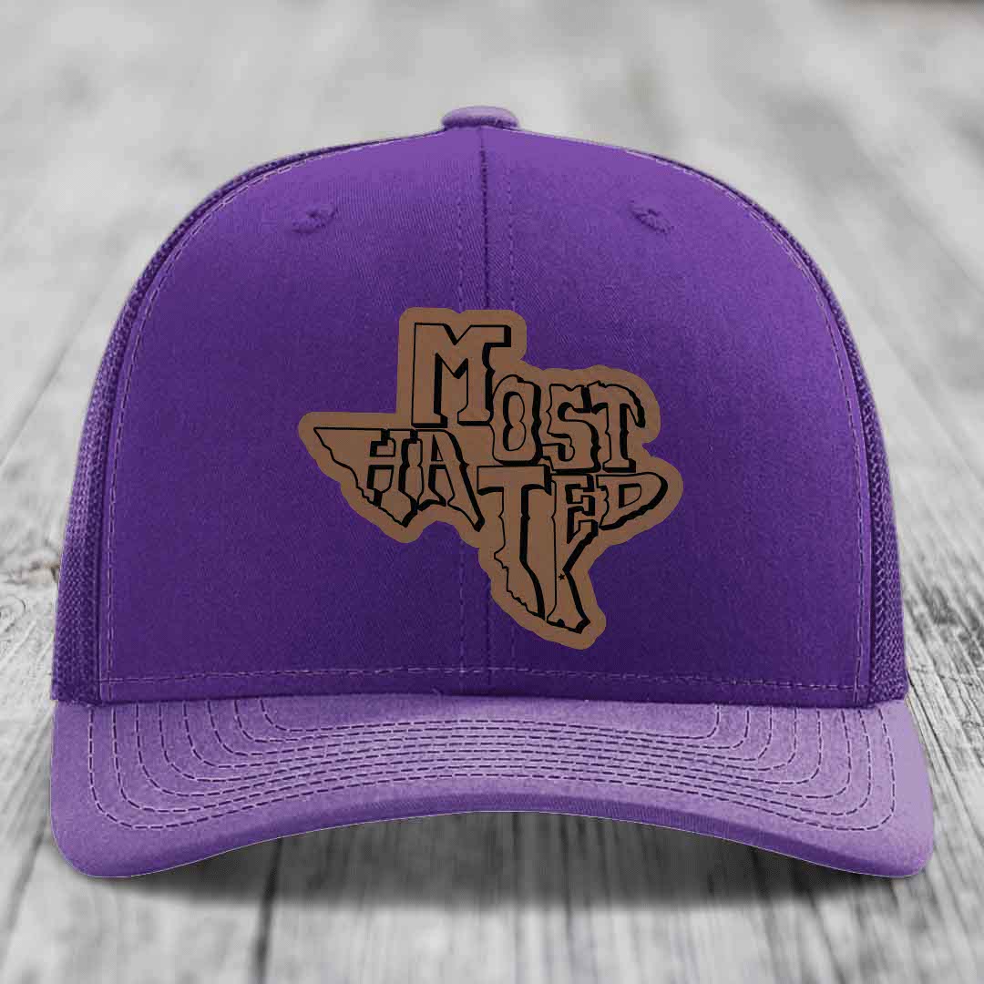 Most Hated (Texas) - Leather Patch Hat - Dark Brown to Black Patch - Richardson 112 Snapback Trucker Hat