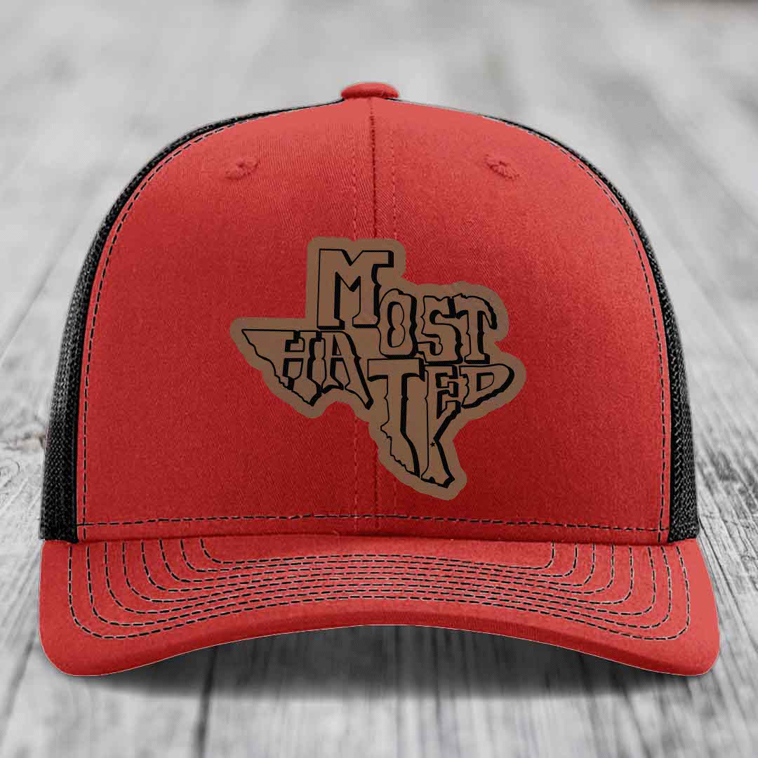 Most Hated (Texas) - Leather Patch Hat - Dark Brown to Black Patch - Richardson 112 Snapback Trucker Hat