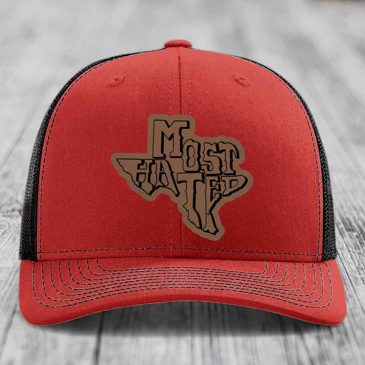 Most Hated (Texas) - Leather Patch Hat - Dark Brown to Black Patch - Richardson 112 Snapback Trucker Hat