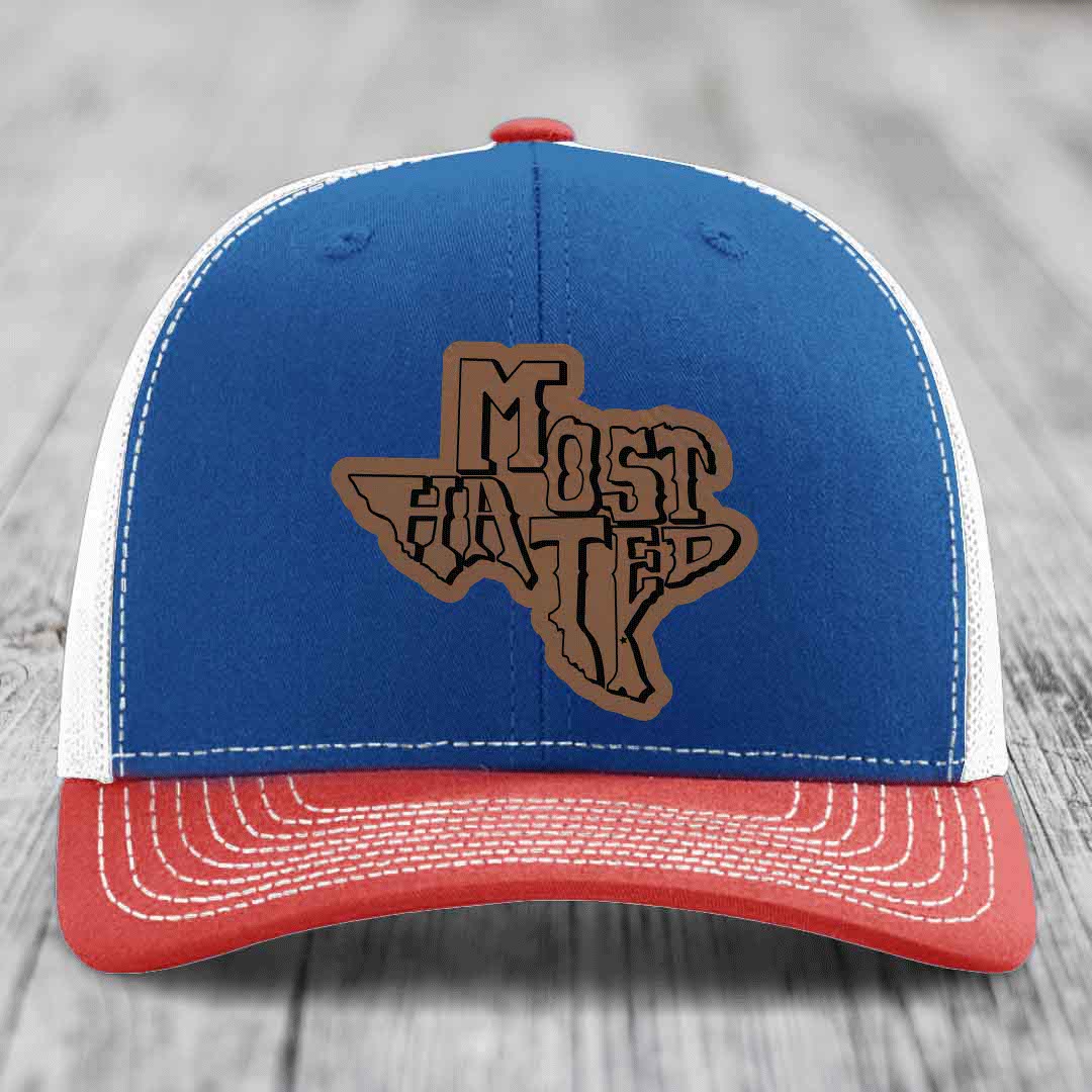 Most Hated (Texas) - Leather Patch Hat - Dark Brown to Black Patch - Richardson 112 Snapback Trucker Hat