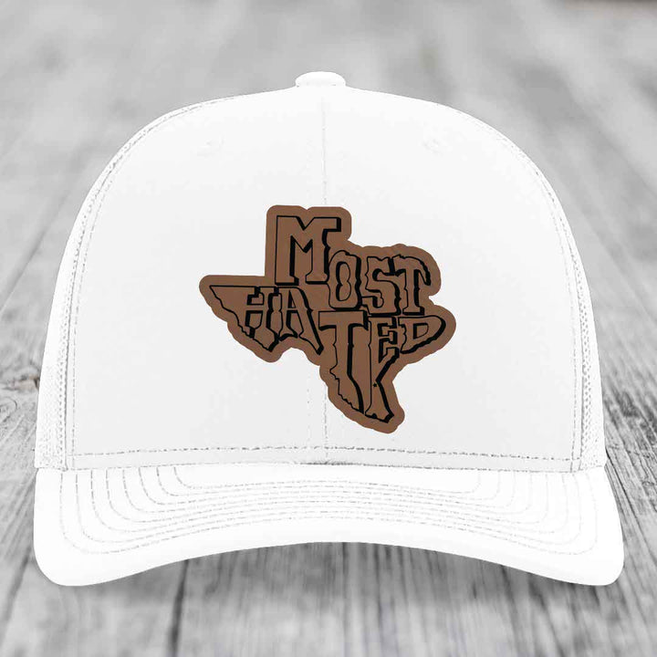 Most Hated (Texas) - Leather Patch Hat - Dark Brown to Black Patch - Richardson 112 Snapback Trucker Hat