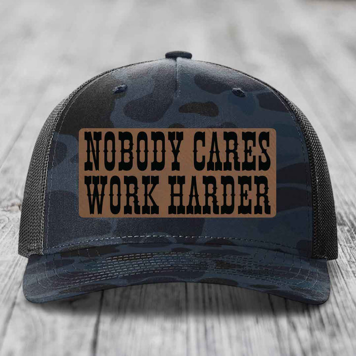 Nobody Cares, Work Harder - Leather Patch Hat - Dark Brown to Black Patch - Richardson 112PFP Snapback Trucker Hat