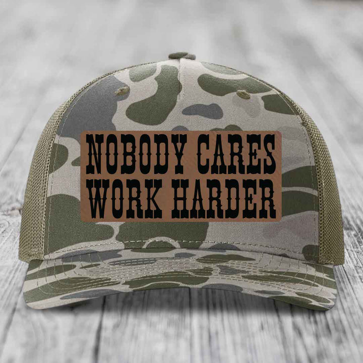 Nobody Cares, Work Harder - Leather Patch Hat - Dark Brown to Black Patch - Richardson 112PFP Snapback Trucker Hat