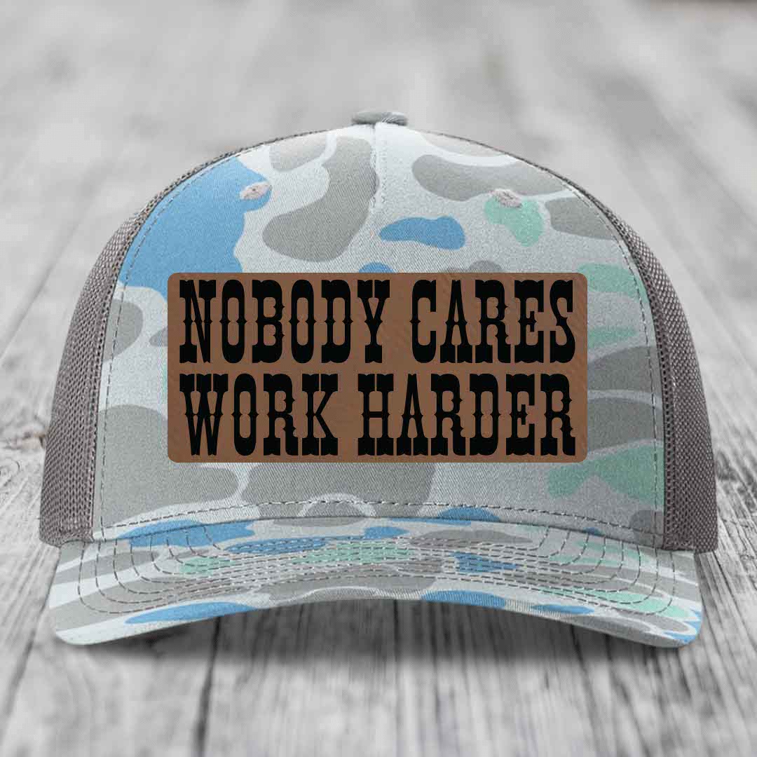 Nobody Cares, Work Harder - Leather Patch Hat - Dark Brown to Black Patch - Richardson 112PFP Snapback Trucker Hat