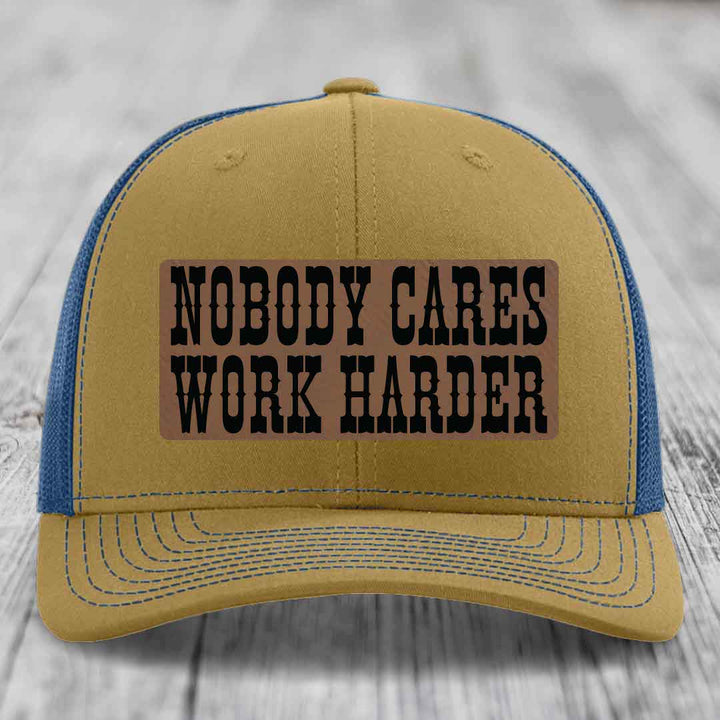 Nobody Cares, Work Harder - Leather Patch Hat - Dark Brown to Black Patch - Richardson 112 Snapback Trucker Hat