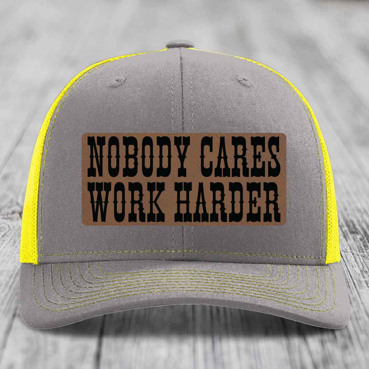 Nobody Cares, Work Harder - Leather Patch Hat - Dark Brown to Black Patch - Richardson 112 Snapback Trucker Hat