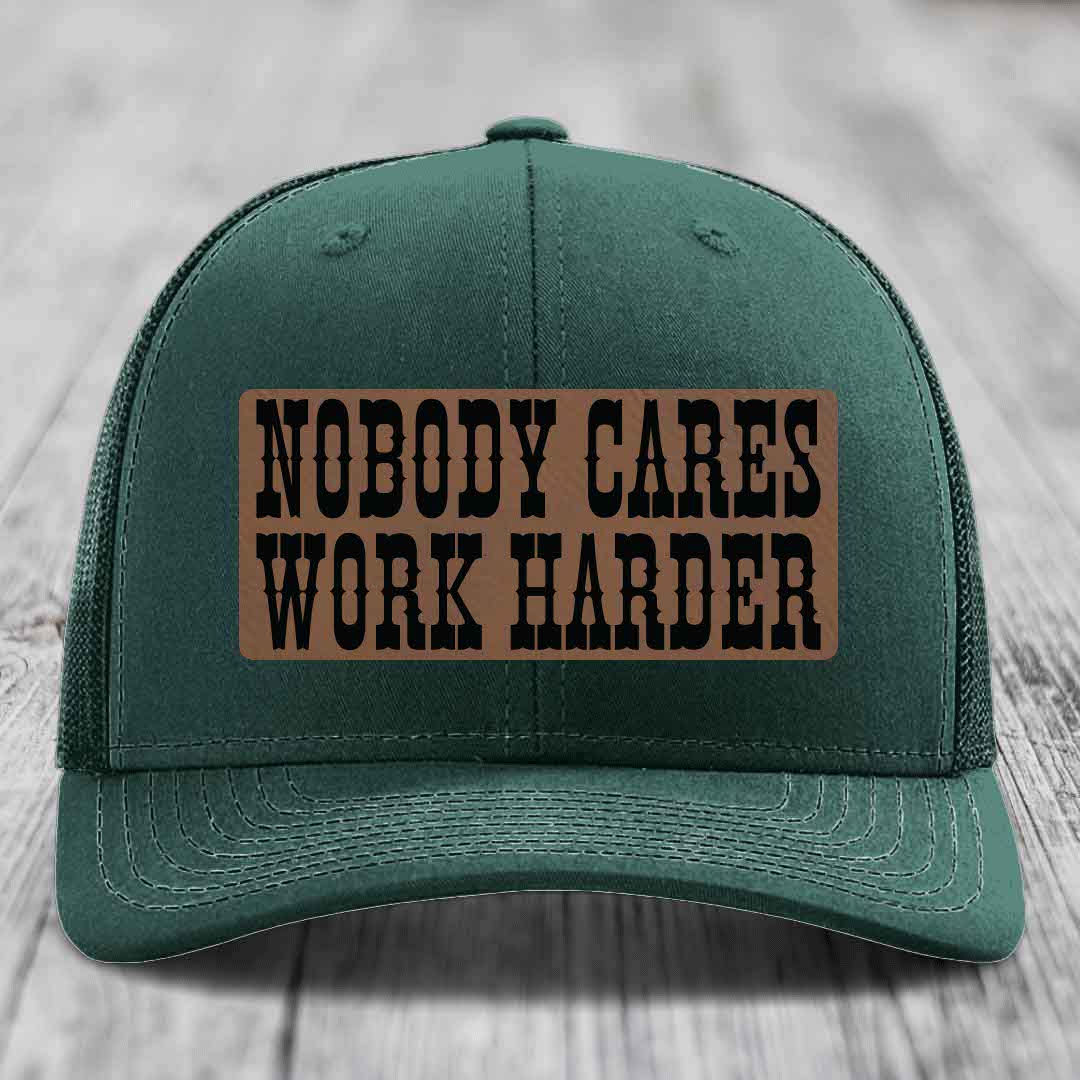 Nobody Cares, Work Harder - Leather Patch Hat - Dark Brown to Black Patch - Richardson 112 Snapback Trucker Hat
