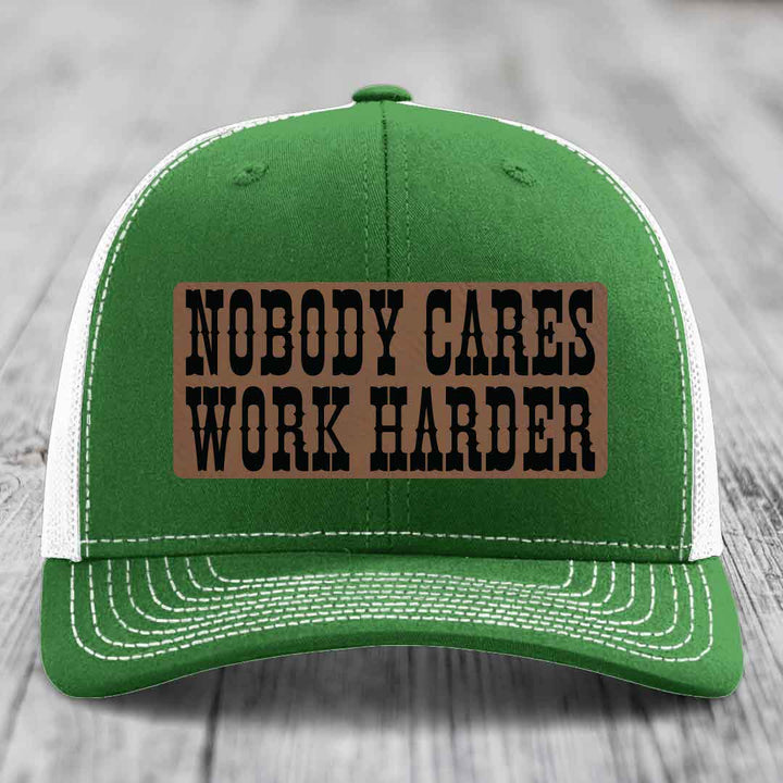 Nobody Cares, Work Harder - Leather Patch Hat - Dark Brown to Black Patch - Richardson 112 Snapback Trucker Hat