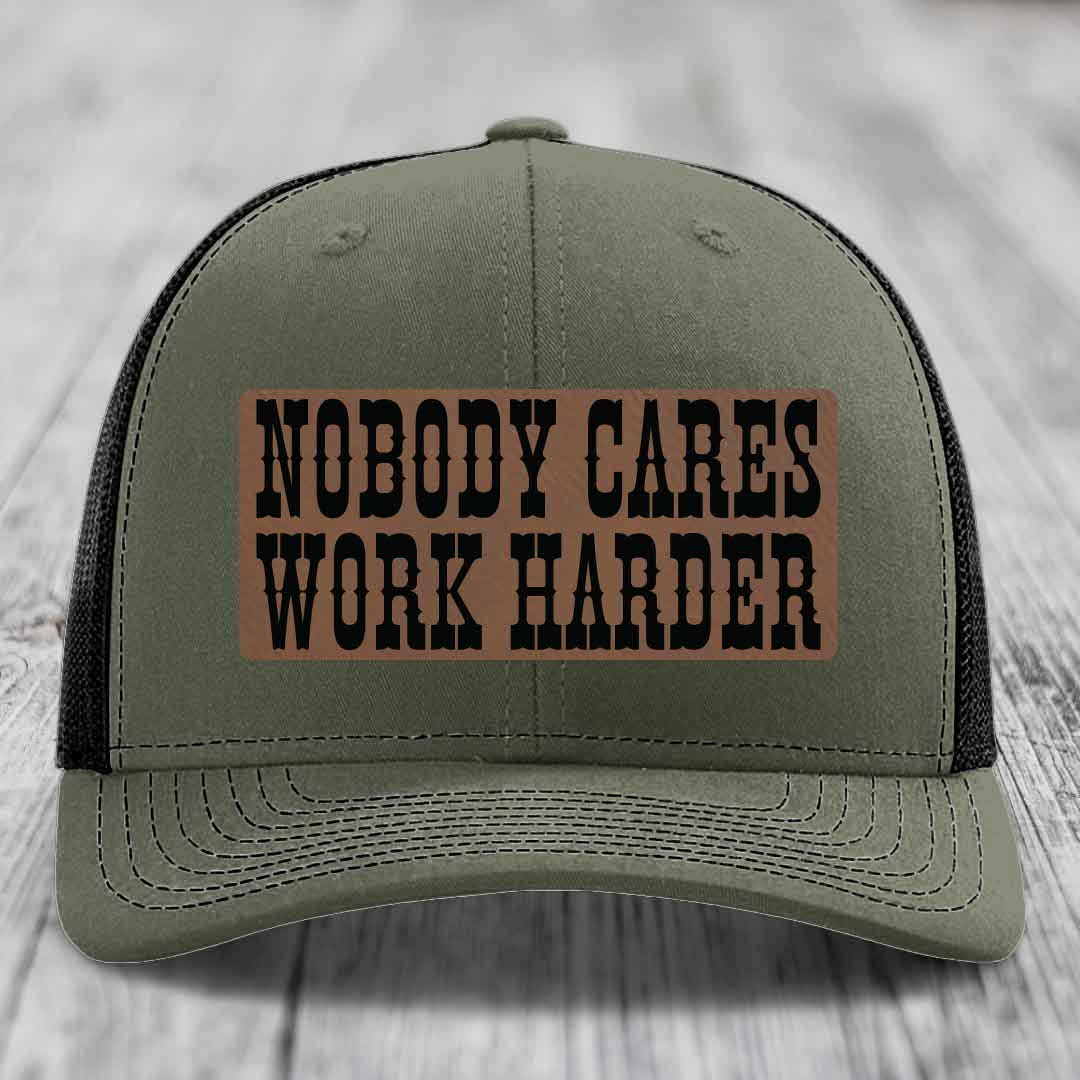Nobody Cares, Work Harder - Leather Patch Hat - Dark Brown to Black Patch - Richardson 112 Snapback Trucker Hat