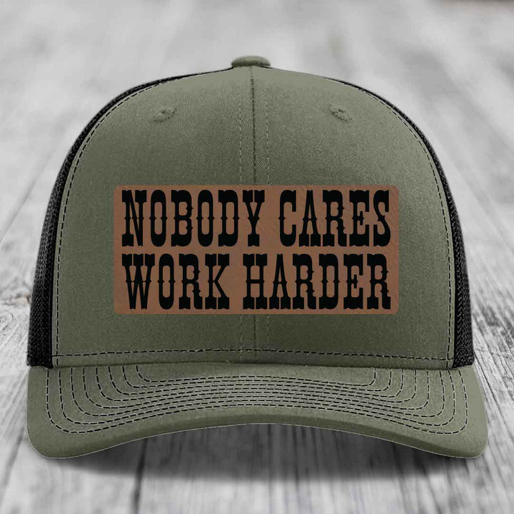 Nobody Cares, Work Harder - Leather Patch Hat - Dark Brown to Black Patch - Richardson 112 Snapback Trucker Hat