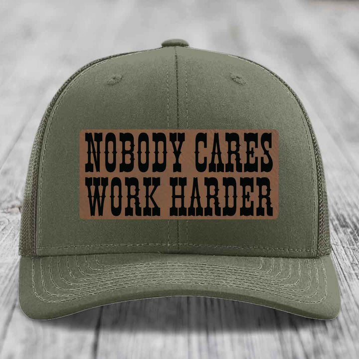 Nobody Cares, Work Harder - Leather Patch Hat - Dark Brown to Black Patch - Richardson 112 Snapback Trucker Hat