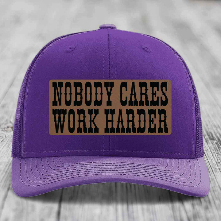 Nobody Cares, Work Harder - Leather Patch Hat - Dark Brown to Black Patch - Richardson 112 Snapback Trucker Hat
