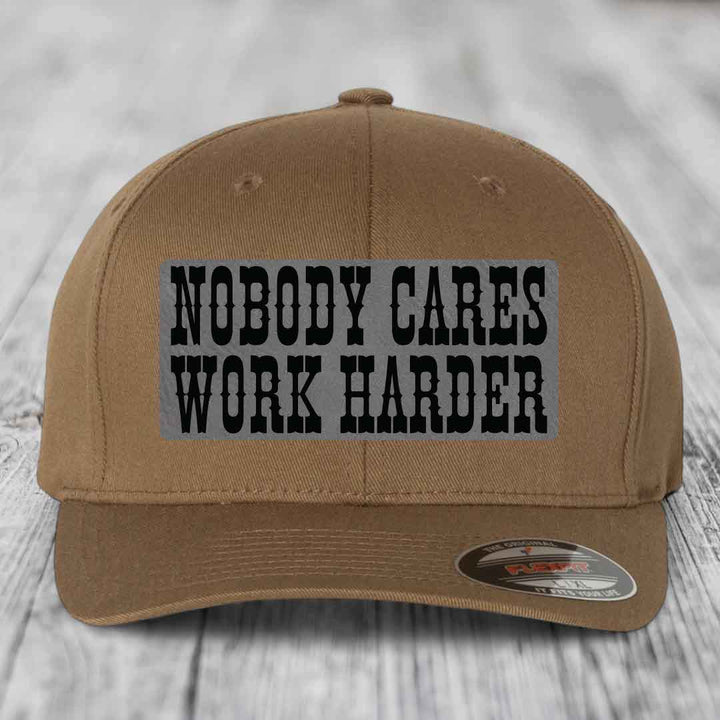Nobody Cares, Work Harder - Leather Patch Hat - Grey to Black Patch - Flexfit 6277 Fitted Hat