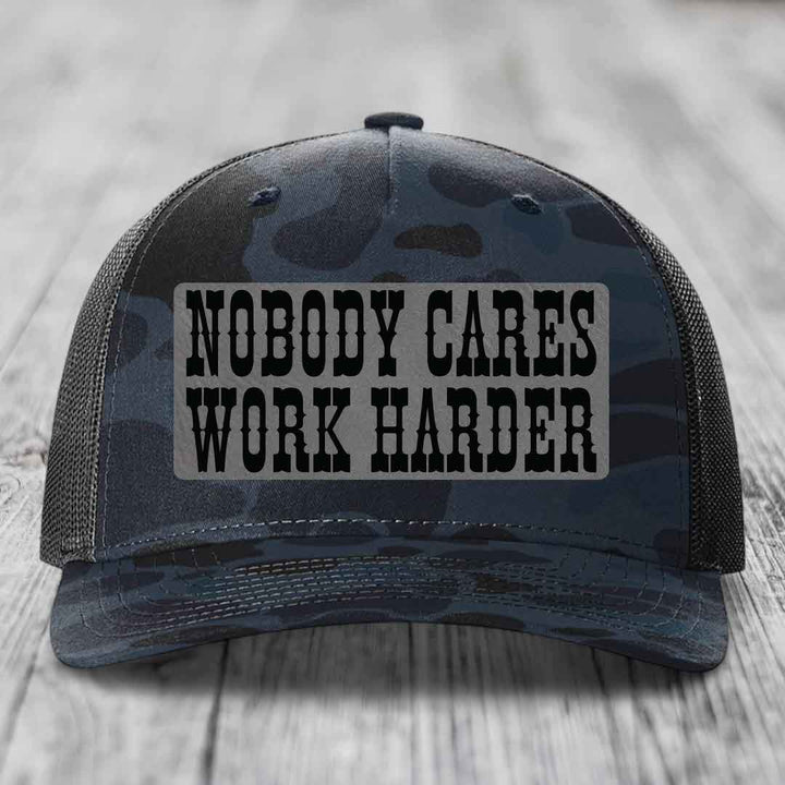 Nobody Cares, Work Harder - Leather Patch Hat - Grey to Black Patch - Richardson 112PFP Snapback Trucker Hat