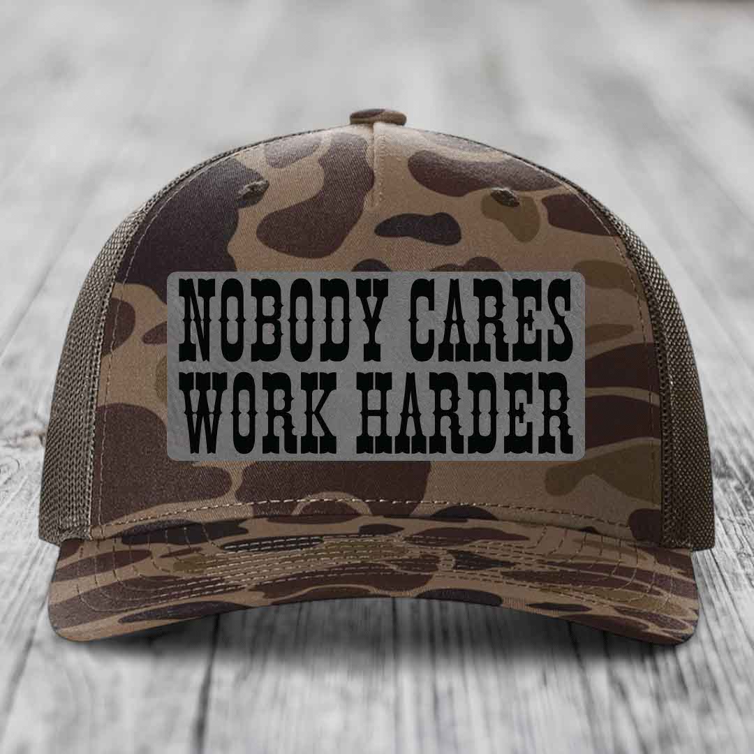 Nobody Cares, Work Harder - Leather Patch Hat - Grey to Black Patch - Richardson 112PFP Snapback Trucker Hat