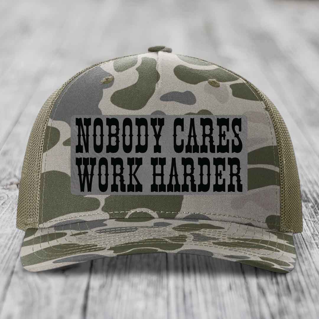 Nobody Cares, Work Harder - Leather Patch Hat - Grey to Black Patch - Richardson 112PFP Snapback Trucker Hat