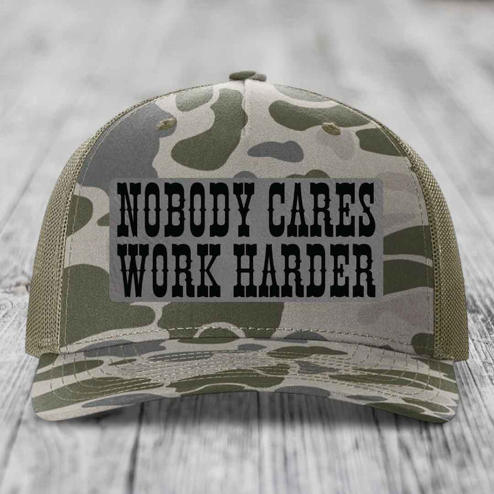 Nobody Cares, Work Harder - Leather Patch Hat - Grey to Black Patch - Richardson 112PFP Snapback Trucker Hat