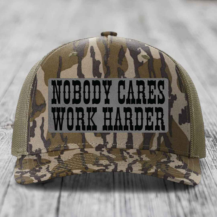 Nobody Cares, Work Harder - Leather Patch Hat - Grey to Black Patch - Richardson 112PFP Snapback Trucker Hat