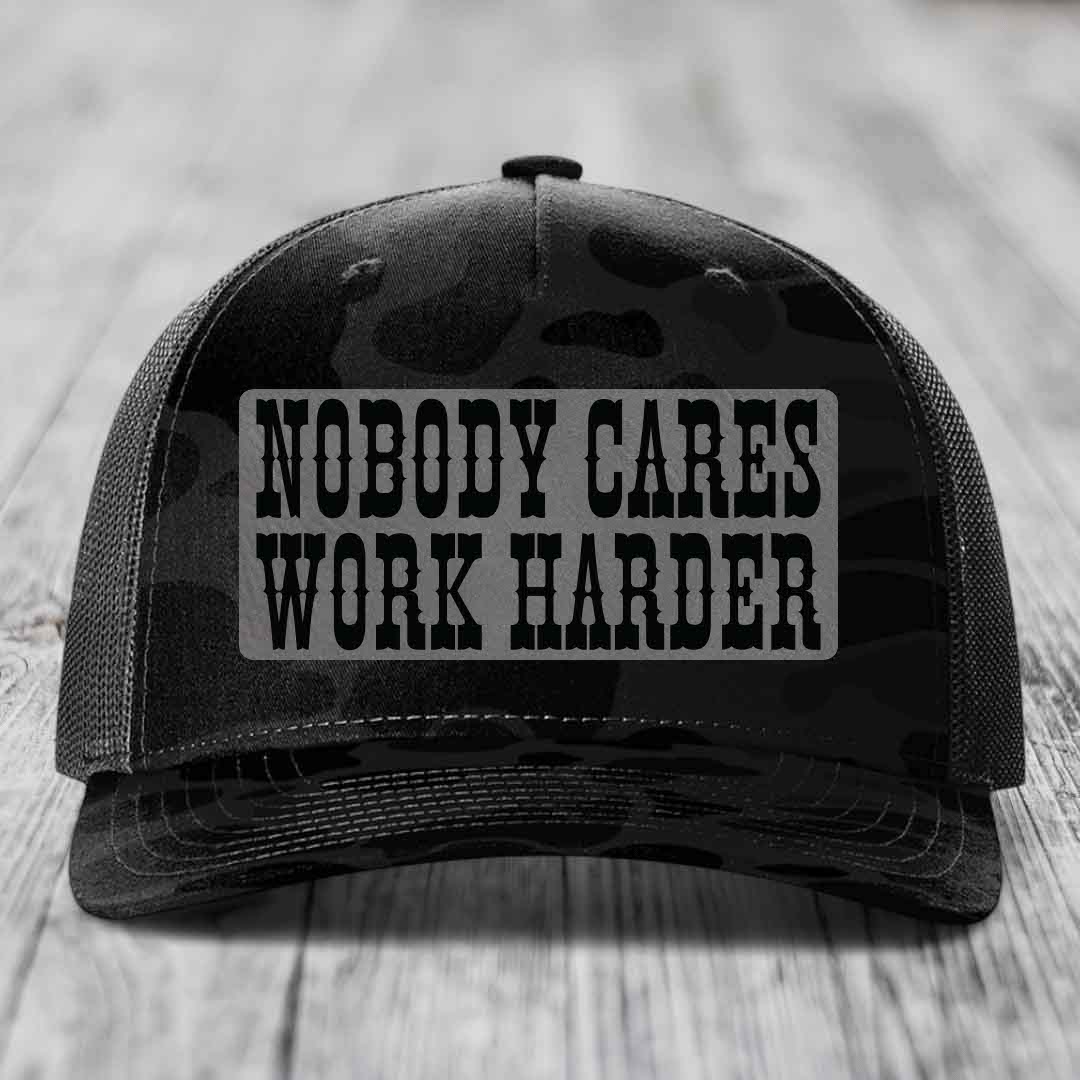 Nobody Cares, Work Harder - Leather Patch Hat - Grey to Black Patch - Richardson 112PFP Snapback Trucker Hat