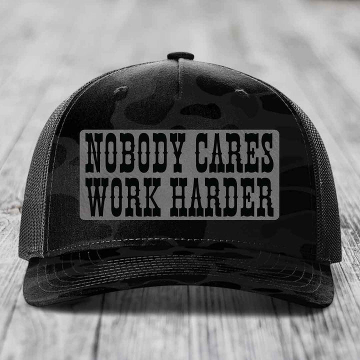 Nobody Cares, Work Harder - Leather Patch Hat - Grey to Black Patch - Richardson 112PFP Snapback Trucker Hat